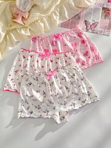 PetitDoll 3pcs Plus Size Women's Sweet Floral Frill Trim Back Waist Cute Bow Design Series Hipster Panties - Multicolor - View 6