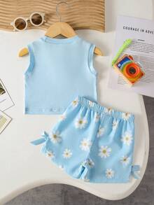 SHEIN Playful Pals 女嬰夏季藍色套裝 紋理無袖上衣 藍色格紋短褲 飾藍色蝴蝶結 日常外出必備 - 藍色 - 查看 2