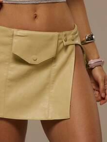 MUSERA Faux Leather Low Rise Button Pocket Detail Mini Skurt Spring Summer Festival Vacation Ibiza Holiday Rave Sexy Y2k Utility Siren Night Butter Yellow - Yellow - View 6