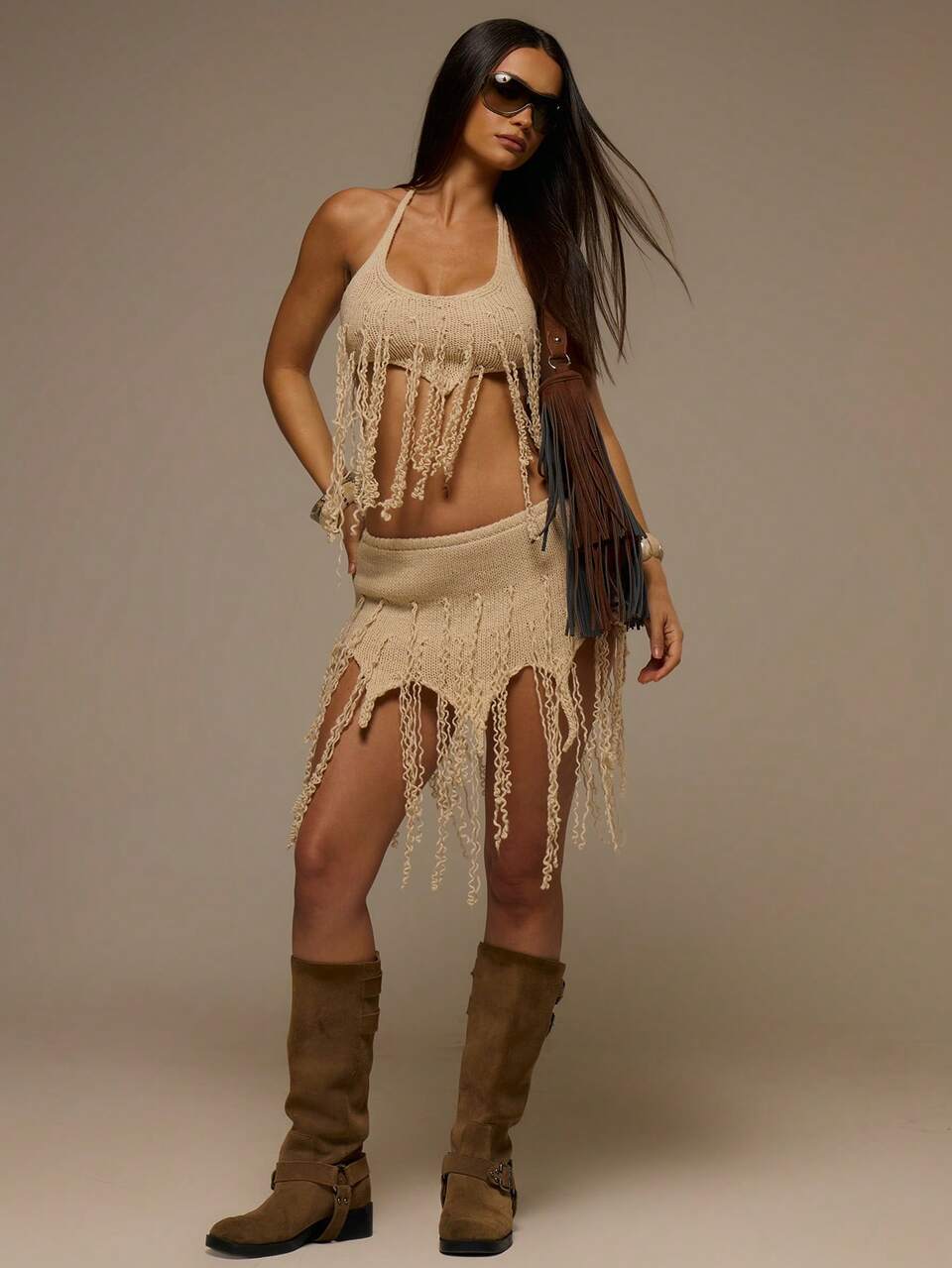 Strick-Halterneck-Top und Mini-Rock Set Co-Ord Frühling Sommer Festival Urlaub Ibiza Ferien Rave Sexy Y2k Utility Siren