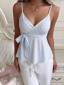 Top de verano para mujer, estilo casual minimalista versátil para uso diario, fiesta, aeropuerto, con estampado de rayas azules y blancas, apto para uso al aire libre - Rojo - Ver 8