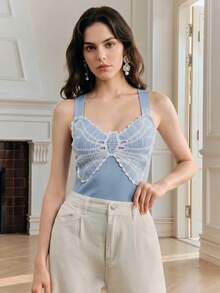 Anewsta Sweet Style Butterfly Crochet Lace Camisole Top, Summer Fashion Wide Strap Blue & White Contrast Color V-Neck Gentle Slim Fit Outerwear/Innerwear Short Top - Blue - View 6
