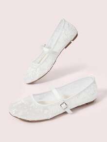 CUCCOO DOLLMOD Women's Shoes, Beige, Fashionable Round Toe Flower Embroidery Word With Mary Jane Flats Bow Cute And Sweet - Jasmine White - View 4