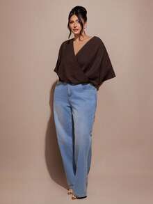 SHEIN BAE 大尺碼女款杏色重疊不對稱中長袖休閒寬鬆襯衫 - 棕色 - 查看 6
