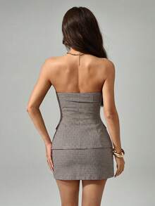 SHEIN PETITE 新款女款細條紋抹胸上衣與迷你裙套裝，優雅女士兩件式套裝，適合通勤，適合嬌小女性 - 卡其色 - 查看 2