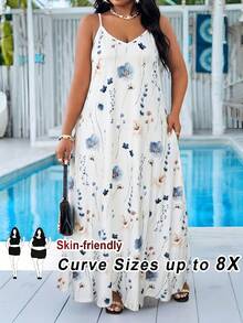SHEIN CURVE+ 大尺碼春夏基本款黑色細肩帶洋裝 - 白色 - 查看 1