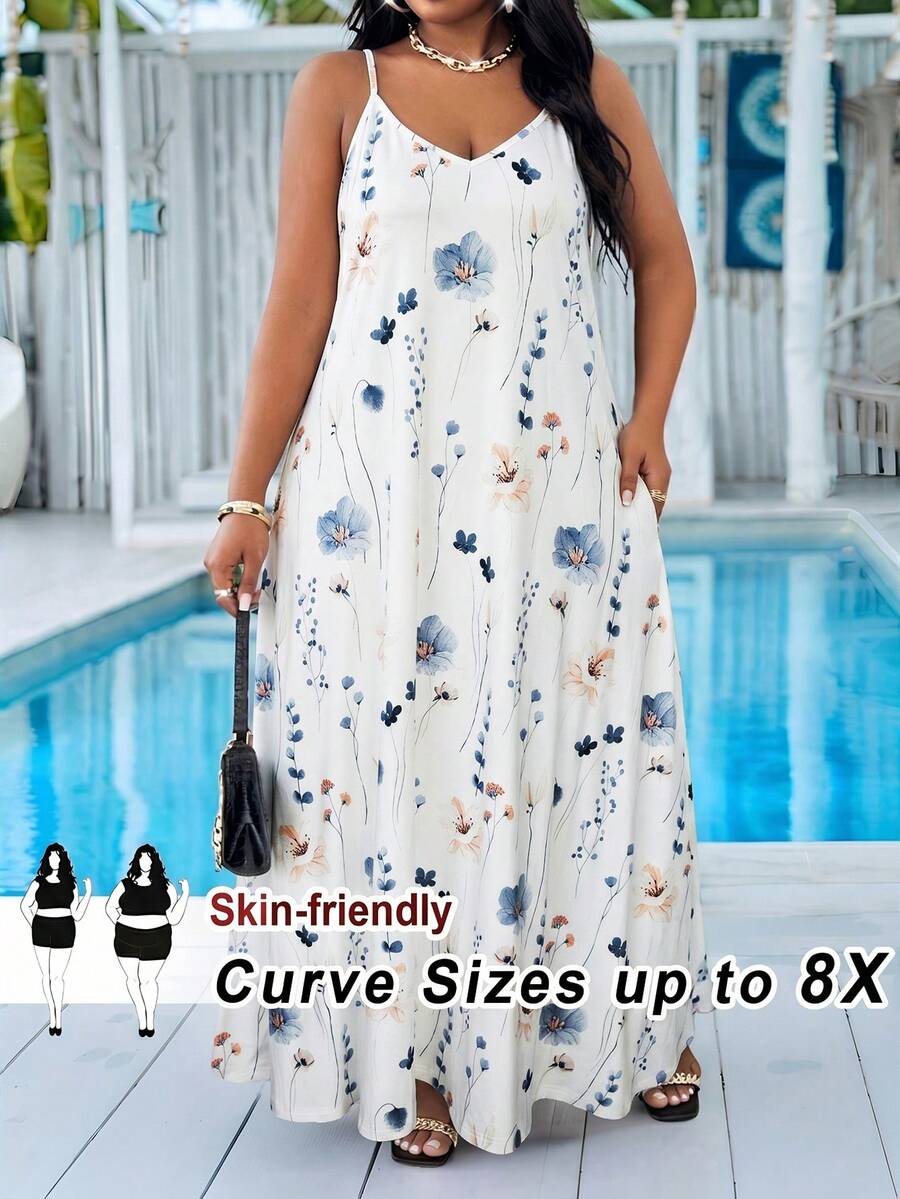 SHEIN CURVE+ 大尺碼春夏基本款黑色細肩帶洋裝 - 白色 - 查看 1