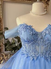 Lovelzi Plus Size Elegant Luxurious Light Blue Hanging Sleeve Crochet Lace Patchwork Satin Handmade Embroidery Applique Waist Sheer Boning Fitted Short Dress Suitable For Date Single Party Cocktail Party Ball - Blue - View 6