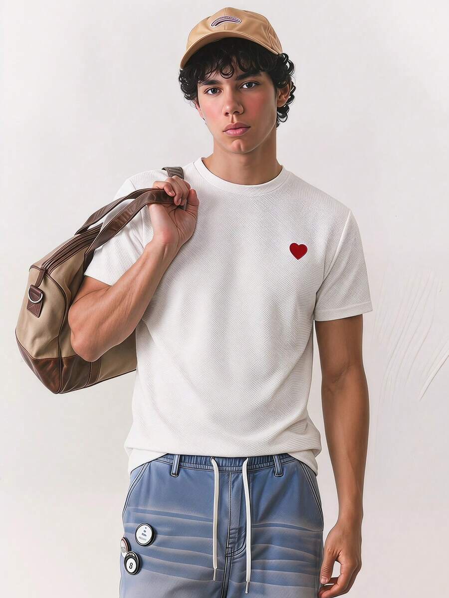 NORVETH Men's Simple Heart Patch Fashion Crew Neck Short Sleeve T-Shirt - White - View 1