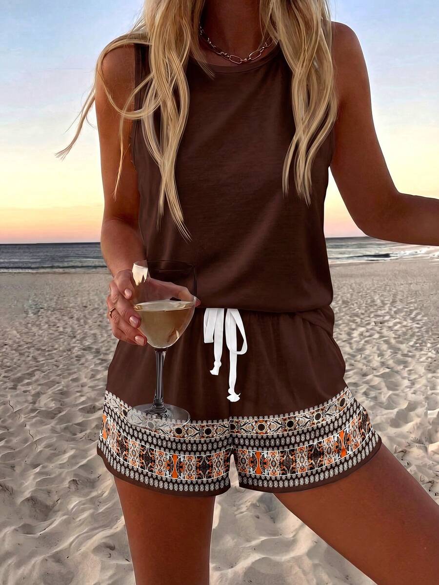 SHEIN LUNE Casual Boho Women's Round Neck Tank Top And Shorts 2 Pieces Set Suitable For Summer Vacation Dark Brown - Brown - View 1