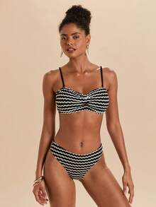 Travachic Women's Summer Beach Striped Ruched Sexy Fashion Bikini Two-Piece Swimsuit Set - Multicolor - View 3