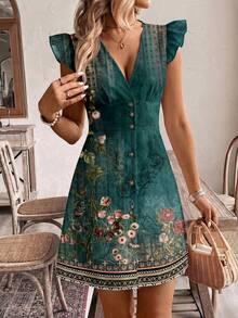 SHEIN Frenchy Gaun Wanita Model A-Line dengan Kerah V dan Lengan Bergelombang, Kancing Depan - MultiWarna - View 7