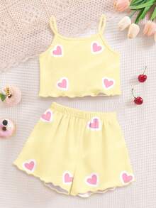 Cream Yellow, K-POP Cartoon Girl Pattern, Young Girls Casual Simple Camisole Top And Shorts Loungewear Suitable For Spring And Summer - Multicolor - View 2