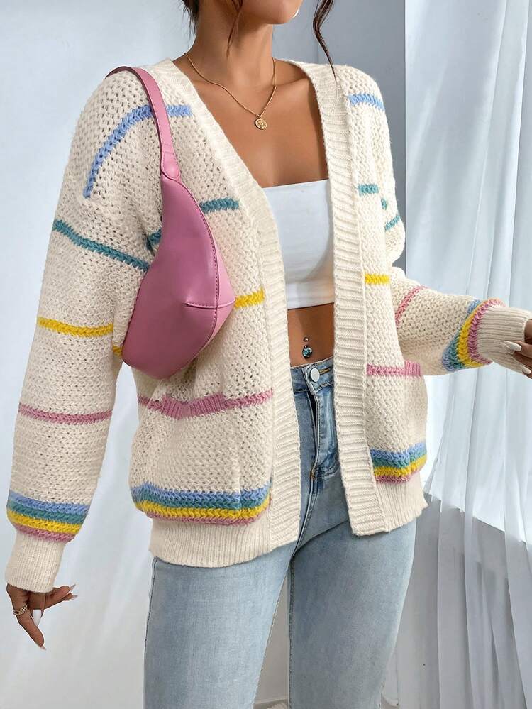 SHEIN Colorful Striped Pattern Drop Shoulder Duster Cardigan,Long Sleeve Tops Fall Winter Cloth For Women - Multicolor - View 6