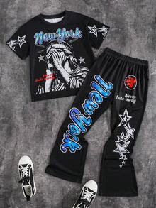 青少年男孩新款休閒時尚極簡Y2K酷感風格塗鴉手繪嘻哈人像星星圖案英文字母運動風圓領短袖印花T恤經典運動長褲2件套，適合春/夏，適合秋/冬 - 藍色 - 查看 5