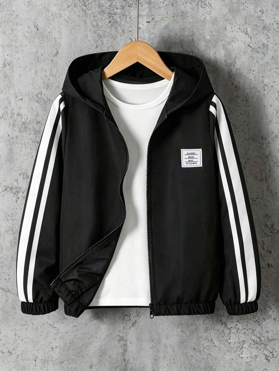 SHEIN Casuvi Kids 青少年男孩春/秋季休閒拼色條紋連帽外套 - 黑色 - 查看 1
