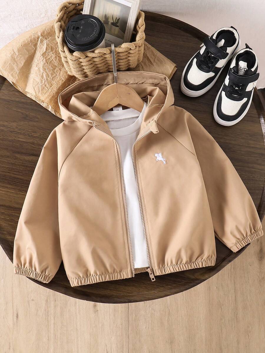 SHEIN Genkimix Kids 1件男童休閒極簡街頭連帽長袖外套 時尚設計 適合秋季穿著 4-7歲男孩日常上學 嬰童白色 - 卡其色 - 查看 1