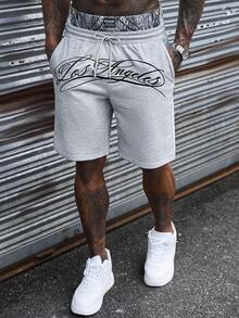 SLATEMANN Men's Double Waistband Casual Denim Drawstring Pocket Embroidered Shorts - Grey - View 3