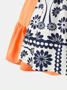 Young Girls 2-Piece Set Summer New Camisole Dress Set Solid Vibrant Orange + Vintage Floral Print Style, Waist-Defining Ruffle Hem A-Line Dress, Versatile For Multiple Occasions, Flattering For All Body Types, Daily Outings / Beach Vacation / Photo-Ready Summer Outfit - Multicolor - View 6