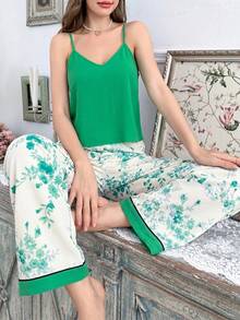 SHEIN Solid Color V-Neck Camisole And Floral Print Long Pants Pajama Set - Multicolor - View 3