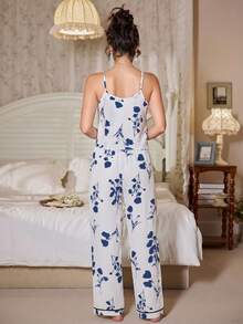 SHEIN 蝴蝶結印花V領細肩帶背心 & 長褲女款睡衣套裝 - 彩色 - 查看 2