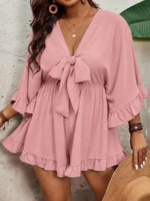 SHEIN VCAY Mono de talla grande para vacaciones de unicolor, manga de murciélago, bajo con volantes, cintura con lazo - Rosa - Ver 4
