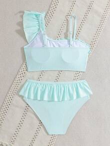 SHEIN Tween Girls Bikini Sets, Blue And White Color Block Striped Cute Ruffle One-Shoulder Flounce Single Adjustable Strap Ruffle Trim Triangle Swimsuit Two Pieces Set - Mint Blue - View 2