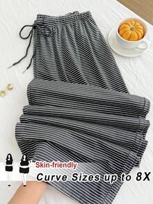SHEIN CURVE+ 秋冬黑白條紋休閒百搭抽繩大尺碼長褲 - 深灰色 - 查看 1