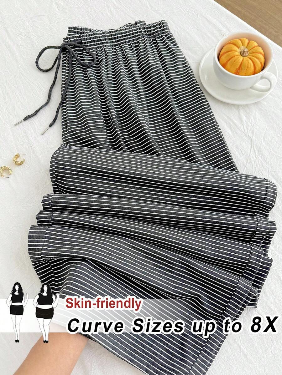 SHEIN CURVE+ 秋冬黑白條紋休閒百搭抽繩大尺碼長褲 - 深灰色 - 查看 1
