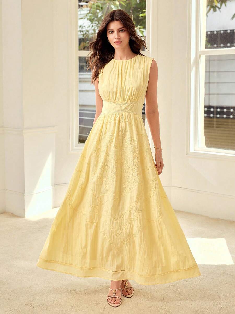 MOTF PREMIUM SPRING/SUMMER WOMEN'S COTTON EMBROIDERY DRESS - Light Yellow - View 1