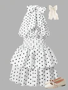 SHEIN Nuova tuta estiva a pois con collo all'americana senza maniche, elegante abito con vita stretta, volant, schiena scoperta e fiocco, gonna-pantalone per ragazze - Bianco - Visualizzare 5