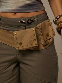 MUSERA Pocket Detail Studded Wide Belt
New Retro Western Tooling Style Waist Wasteland Style Fashionable Wide Waist Bag - Brown - View 3