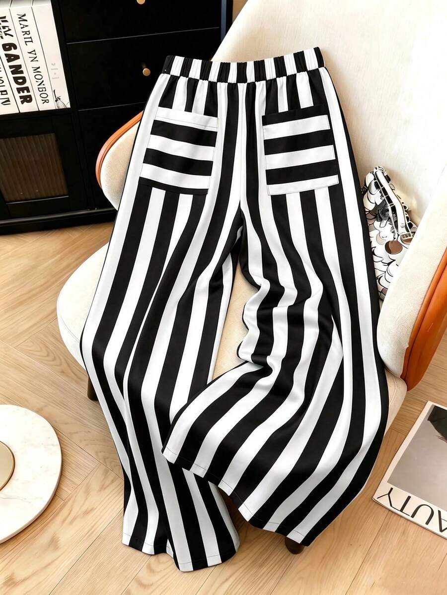 Franclia Plus Size Spring/Summer Casual Vacation Brown & Blue Striped Straight Leg Pants With Real Pockets Fall - Black and White - View 1