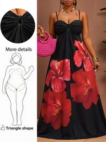 Truni Robe de style vacances décontractée et sexy pour femmes grandes tailles, base noire avec imprimé hibiscus hawaïen rouge, style vacances, pour morphologie poire et triangle - Noir - Voir 2