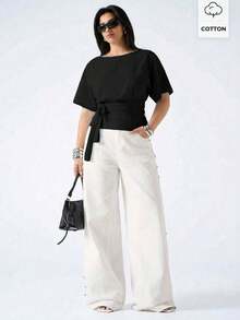 SHEIN EZwear Plus Size Summer Casual Black Tie Waist T-Shirt - Black - View 4