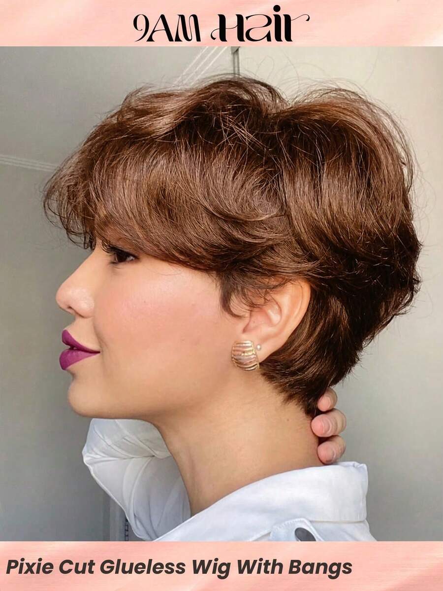 Wig Potongan Pixie Rambut Manusia Pendek Wig Pixie dengan Poni untuk Wanita Wig Pendek Alami Tanpa Lem Wig Pixie Lurus Berlapis Tanpa Renda Depan - Cokelat Wig Murah dari Telinga ke Telinga Ramah untuk Pemula - S4 - View 1