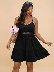 Travachic Plus Size Summer Casual Solid Color Spaghetti Strap Dress - Black - View 5