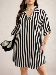 SHEIN LUNE Vestido a rayas casual para ir al trabajo de talla grande - Negro - Ver 9