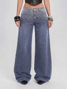 ROMWE Y2k Hot Girl Party Music Festival Outfit Gradient Rhinestone Women's Loose Wide Leg Jeans - Dark Wash - View 4