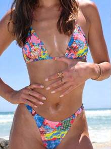 Swim Vcay Spring/Summer 2pcs Women's Beachwear Tropical Cute Sexy Vacation Beach Swimming Pool Party Blue Floral Halter Neck Backless Bikini Set - Multicolor - View 2