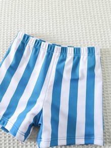 SHEIN Unisex Baby 2pcs/Set Green Striped Long Sleeve Swimsuit And Swim Trunks Set, Sun Protection Swimwear For Beach, Swimming, Vacation - Dusty Blue - View 6