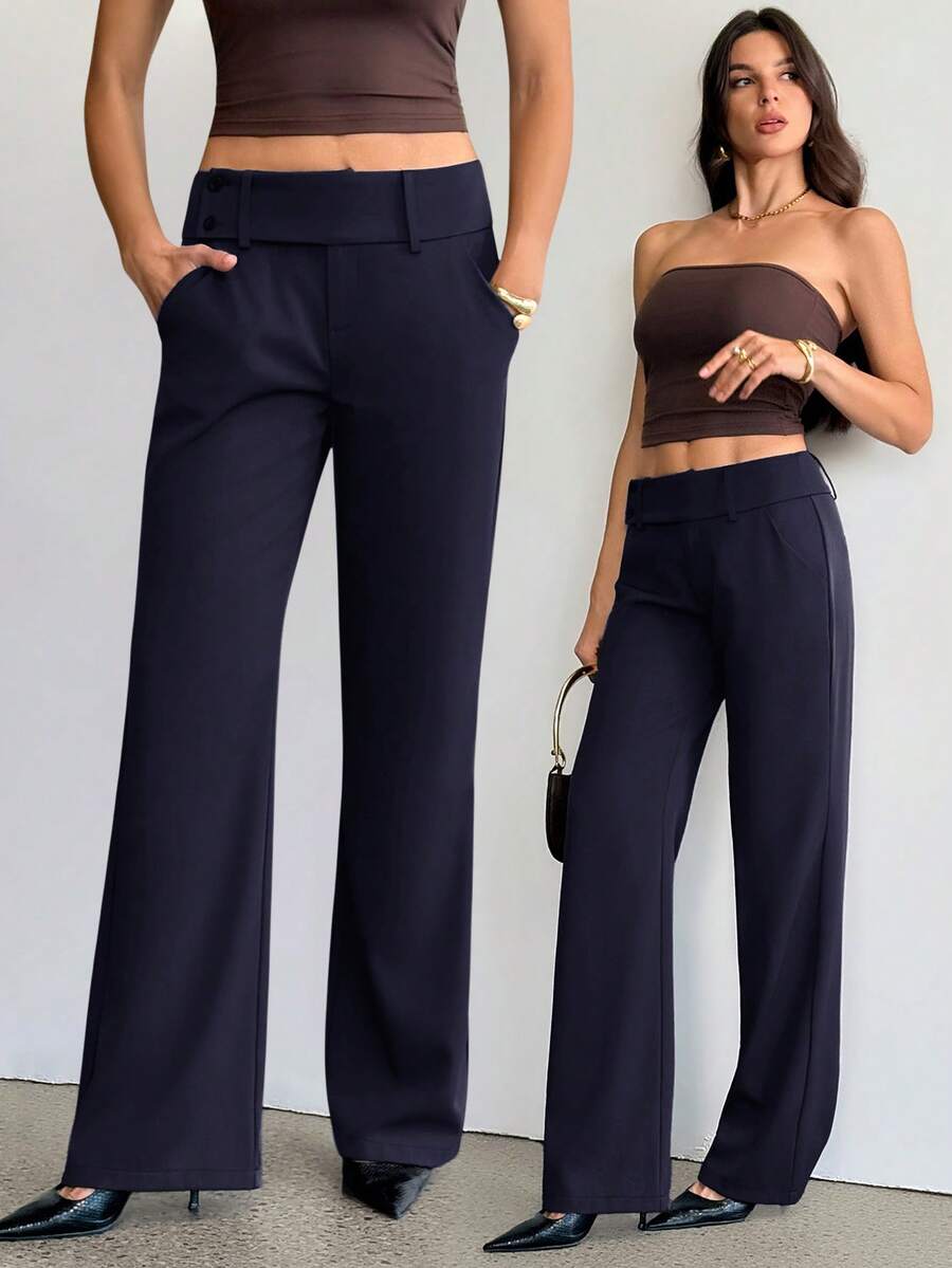 SHEIN Tall 女款時尚休閒優雅復古口袋喇叭褲,老錢風,商務辦公穿搭,返校季,海軍藍,秋季教師節 - 藏蓝色 - 查看 1