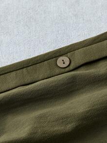 Linhara CURVE Pantalones rectos de unicolor para mujer de talla grande, con botones laterales y bolsillos, pantalones de verano de algodón y lino - Verde militar - Ver 3