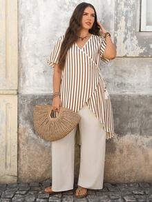Lacomfia Plus Size Women's Beige Casual Boho 2-Piece Set, Long Loose Fit Top With Beads, Tassels And Drawstring, Paired With Wide Leg Pants, Vacation - Khaki - View 7