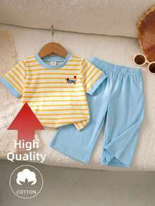 SHEIN 2pcs Infant Girl Summer Fashionable Simple Street Style Yellow & White Short Sleeve T-Shirt With Chest Embroidery & Blue Long Pants Set, Suitable For Daily School Wear - Yellow - View 3