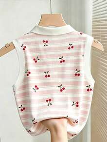 Resyla Summer Casual Striped Cherry Print Tank Top - Multicolor - View 2
