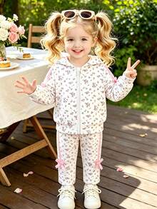 SHEIN Vintaside Kids 女嬰秋冬款柔軟舒適復古碎花粉色蝴蝶結裝飾長袖連帽衛衣 & 長褲 2件套，適合日常穿著與外出 - 粉色 - 查看 4