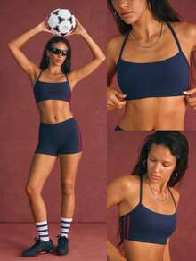 GLOWMODE FeatherFit™ Power Up Colorblock Sports Bra With Contrasting Stripes Removable Cups Adjustable Back Straps Yoga Pilates Studio Daily Active Wear - Navy Blue - View 9
