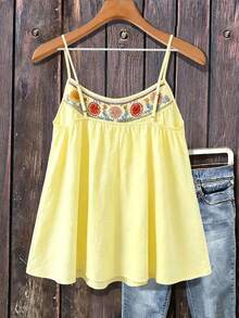 Linhara CURVE Plus Size Women's Embroidered Floral Ruffle Hem Pleated Bust Casual Vacation Style Camisole Tank Top - Yellow - View 2