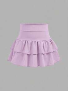 2 paquetes de minifalda de punto de unicolor con volantes en capas y pantalones cortos integrados para niñas preadolescentes, Y2K, niñas con personalidad de moda, regreso a la escuela - Multicolor - Ver 8